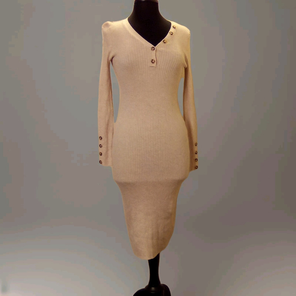 Pink Rose Cream Ribbed Midi Dress with Button Detail